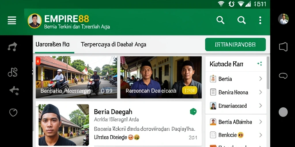 Antarmuka aplikasi EMPIRE88 yang menunjukkan berita daerah terbaru.
